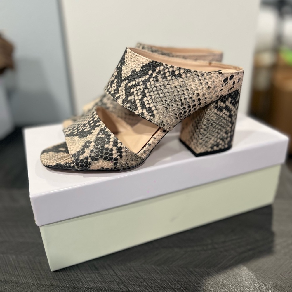 Steve Madden Cream and Black Snakeskin Mules with Block Heel